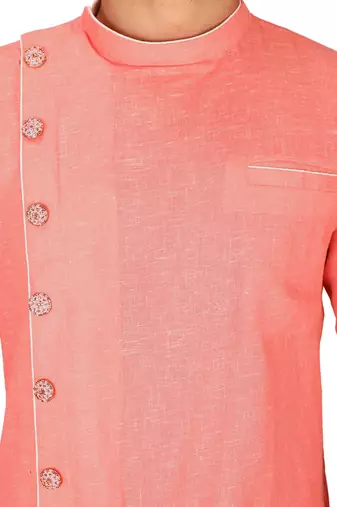 Peach slub cotton  kurta with asymmetrical side open patttern