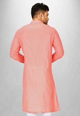 Peach slub cotton  kurta with asymmetrical side open patttern 3
