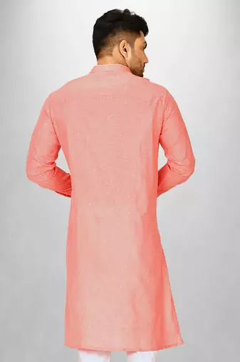 Peach slub cotton  kurta with asymmetrical side open patttern