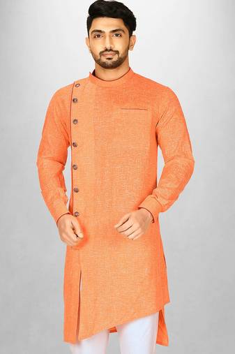 Orange slub cotton  kurta with asymmetrical side open patttern