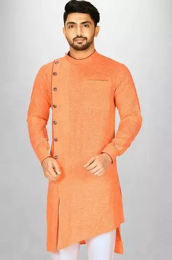 Orange slub cotton  kurta with asymmetrical side open patttern
