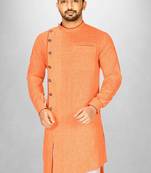 Orange slub cotton  kurta with asymmetrical side open patttern