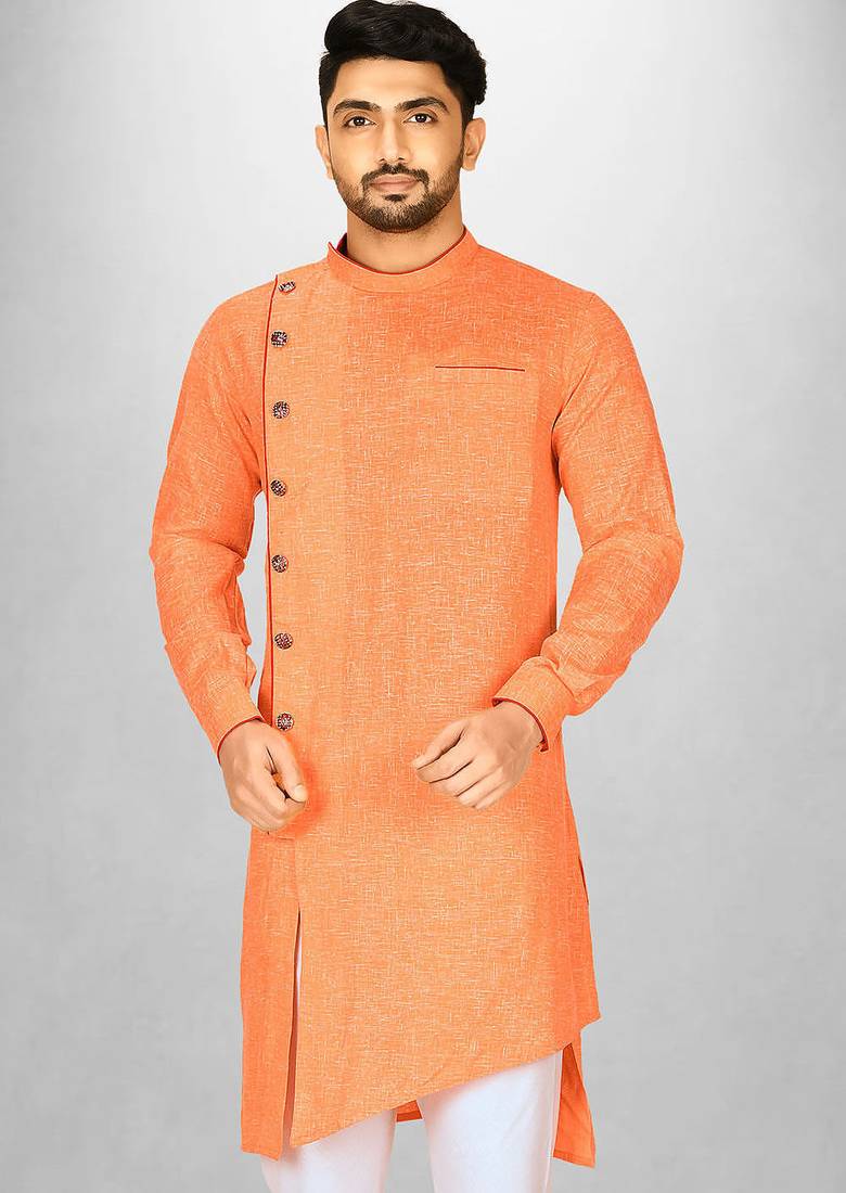Orange slub cotton  kurta with asymmetrical side open patttern