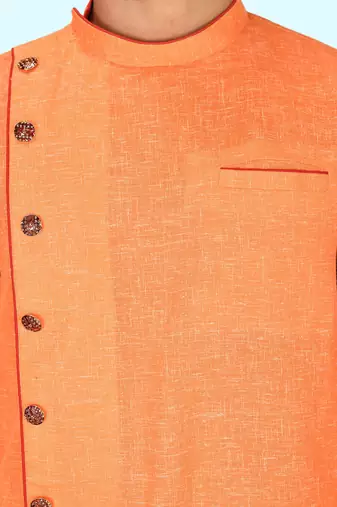 Orange slub cotton  kurta with asymmetrical side open patttern