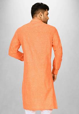 Orange slub cotton  kurta with asymmetrical side open patttern 3