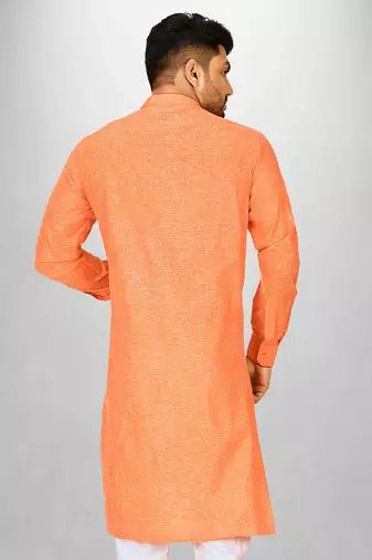 Orange slub cotton  kurta with asymmetrical side open patttern