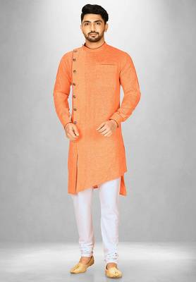 Orange slub cotton  kurta with asymmetrical side open patttern 4