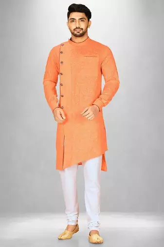Orange slub cotton  kurta with asymmetrical side open patttern