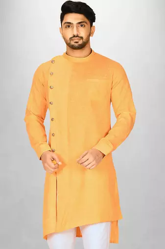 Yellow slub cotton  kurta with asymmetrical side open patttern