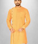 Yellow slub cotton  kurta with asymmetrical side open patttern