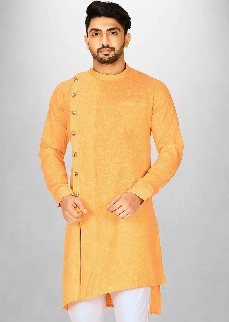 Yellow slub cotton  kurta with asymmetrical side open patttern