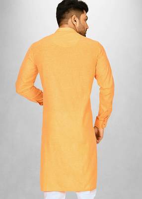 Yellow slub cotton  kurta with asymmetrical side open patttern 3