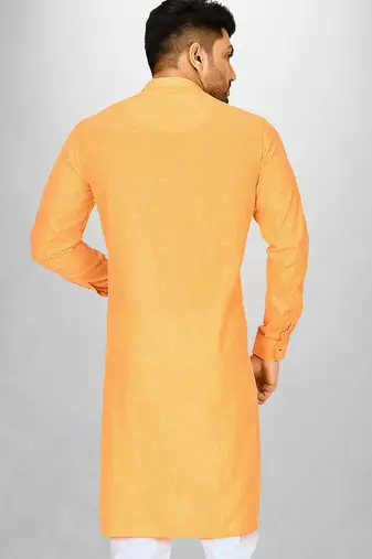 Yellow slub cotton  kurta with asymmetrical side open patttern