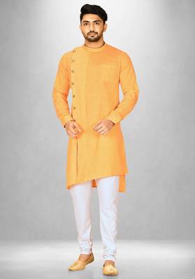 Yellow slub cotton  kurta with asymmetrical side open patttern 4