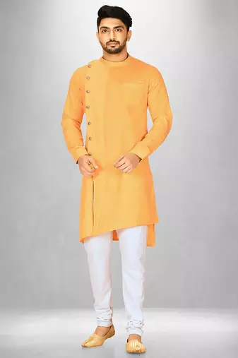 Yellow slub cotton  kurta with asymmetrical side open patttern