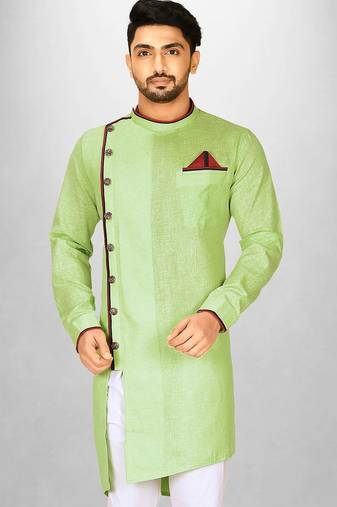 green slub cotton  kurta with asymmetrical side open patttern
