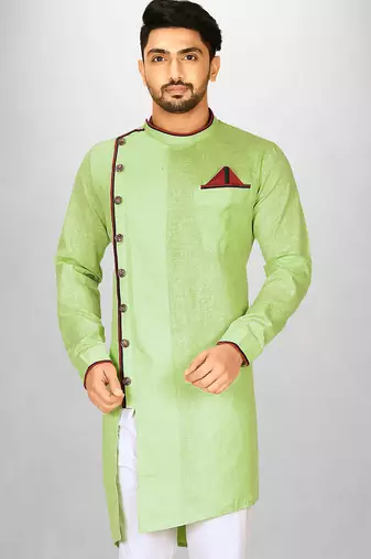 green slub cotton  kurta with asymmetrical side open patttern