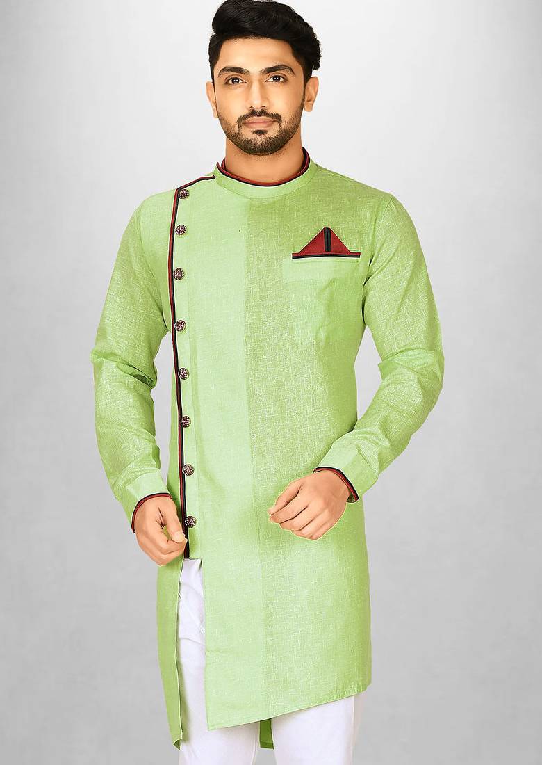 green slub cotton  kurta with asymmetrical side open patttern