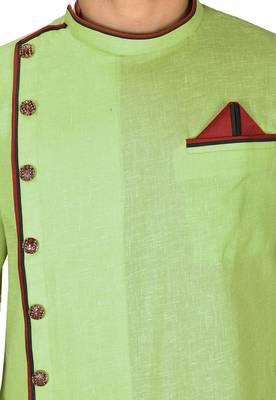 green slub cotton  kurta with asymmetrical side open patttern 2