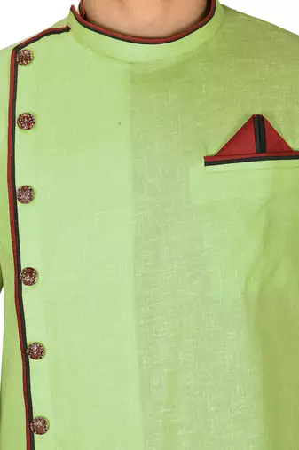 green slub cotton  kurta with asymmetrical side open patttern