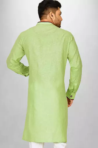 green slub cotton  kurta with asymmetrical side open patttern