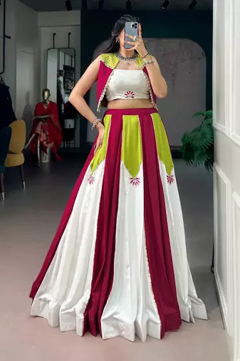 Rayon Contrast Panel Lehenga Set with Koti
