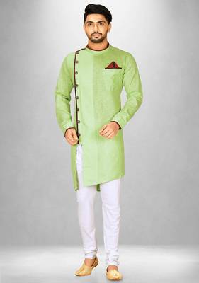 green slub cotton  kurta with asymmetrical side open patttern 4