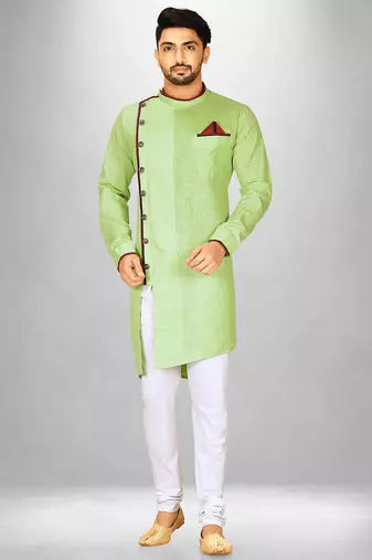 green slub cotton  kurta with asymmetrical side open patttern