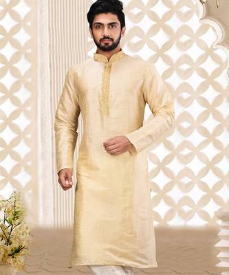 Fawn dupion art silk  kurta with asymmetrical side open patttern 1