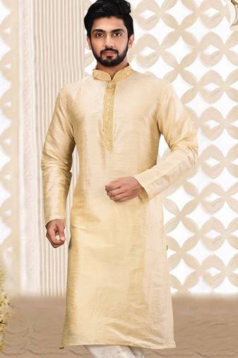 Fawn dupion art silk  kurta with asymmetrical side open patttern