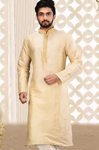 Fawn dupion art silk  kurta with asymmetrical side open patttern