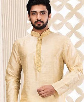 Fawn dupion art silk  kurta with asymmetrical side open patttern 2