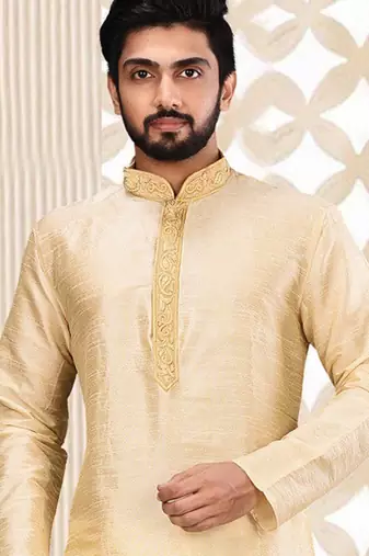 Fawn dupion art silk  kurta with asymmetrical side open patttern