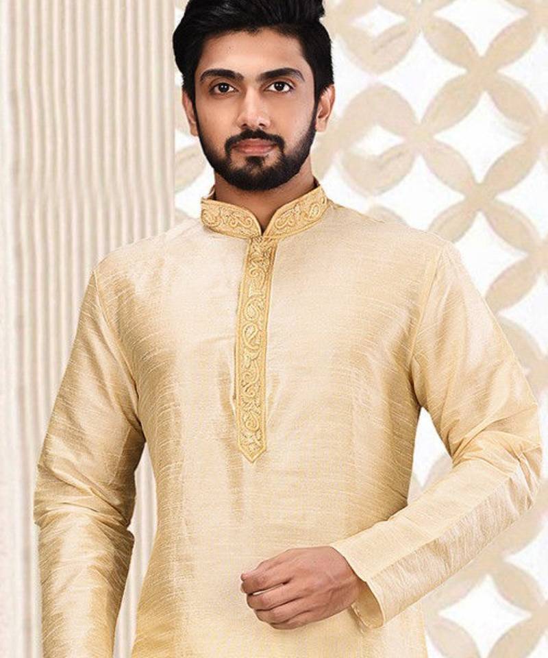 Fawn dupion art silk  kurta with asymmetrical side open patttern