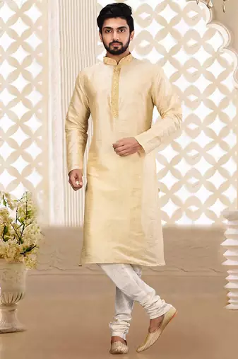 Fawn dupion art silk  kurta with asymmetrical side open patttern