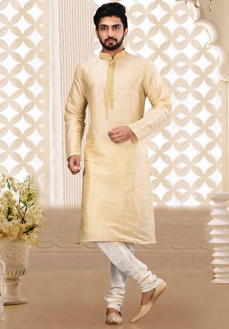 Fawn dupion art silk  kurta with asymmetrical side open patttern