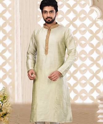 sea green cb dupion art silk  kurta with asymmetrical side open patttern 1