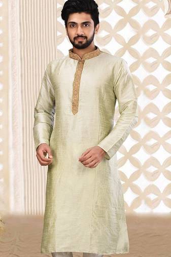 sea green cb dupion art silk  kurta with asymmetrical side open patttern