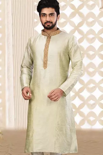 sea green cb dupion art silk  kurta with asymmetrical side open patttern
