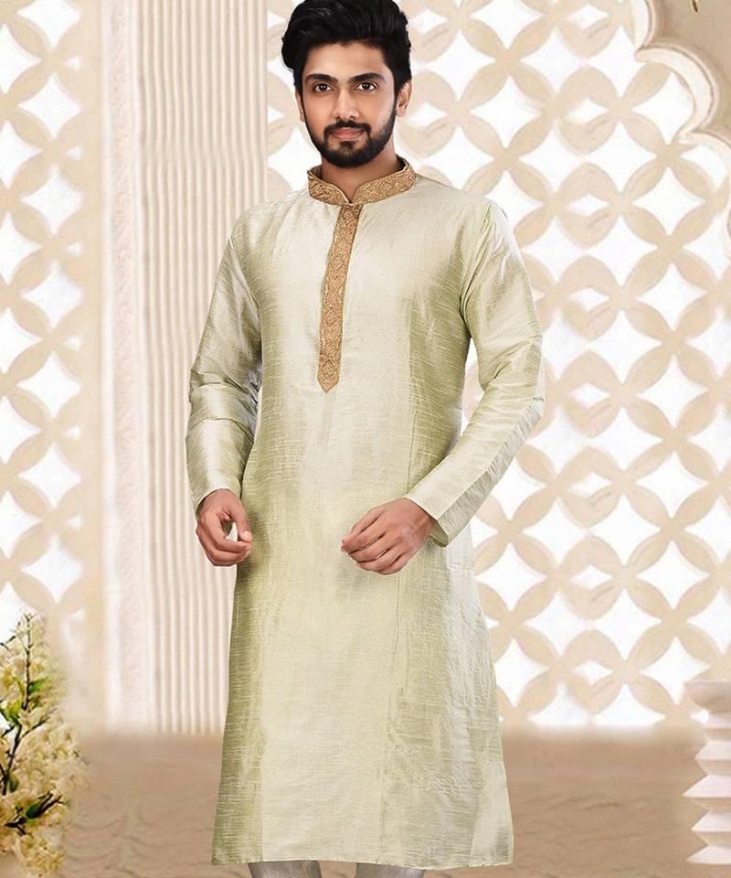 sea green cb dupion art silk  kurta with asymmetrical side open patttern