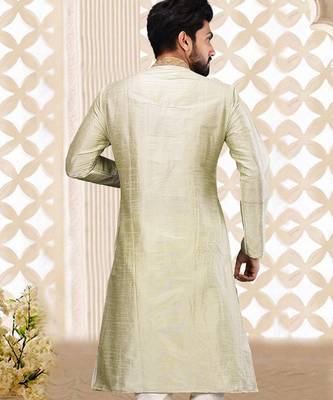 sea green cb dupion art silk  kurta with asymmetrical side open patttern 3