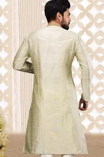 sea green cb dupion art silk  kurta with asymmetrical side open patttern