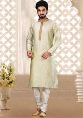 sea green cb dupion art silk  kurta with asymmetrical side open patttern 4