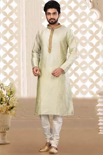 sea green cb dupion art silk  kurta with asymmetrical side open patttern