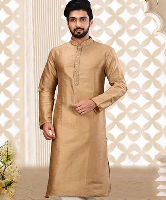 Fawn dupion art silk  kurta with asymmetrical side open patttern 1