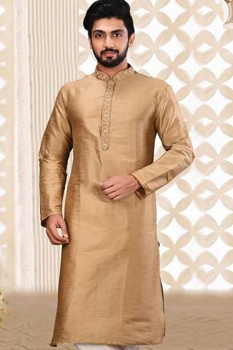 Fawn dupion art silk  kurta with asymmetrical side open patttern