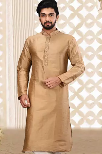 Fawn dupion art silk  kurta with asymmetrical side open patttern