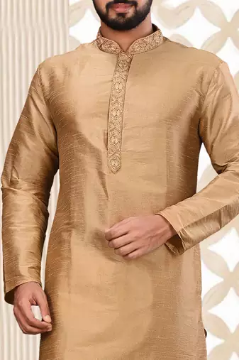 Fawn dupion art silk  kurta with asymmetrical side open patttern