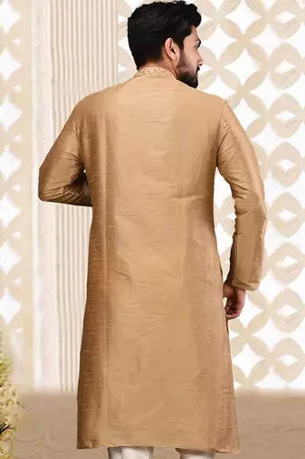 Fawn dupion art silk  kurta with asymmetrical side open patttern