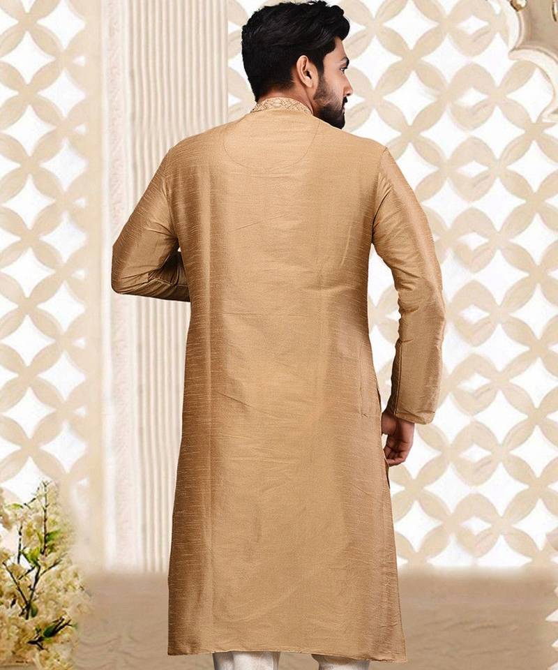 Fawn dupion art silk  kurta with asymmetrical side open patttern
